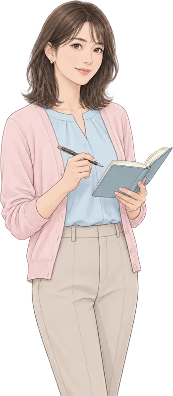 手帳を持って面接の準備をする女性のイラスト